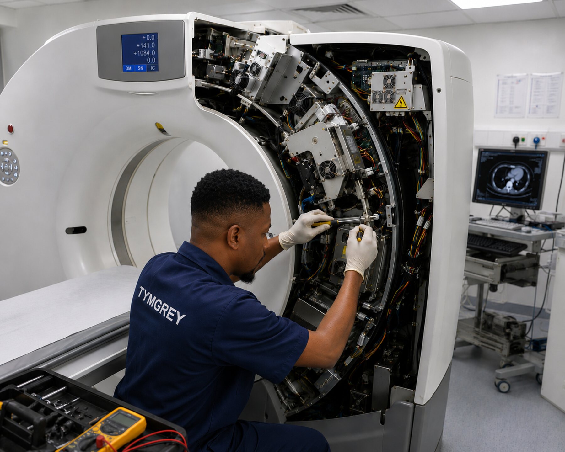 Tymgrey biomedical engineer repairing an open CT scanner in a Lagos hospital