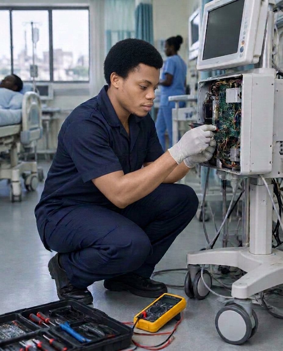 Nigerian biomedical engineer repairing an opened patient monitor with hand tools and a multimeter